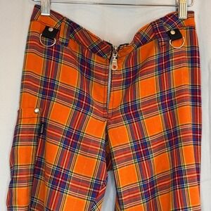 Serious Y2K Clothing Black & Orange Plaid‎ Pants Zipper Accents Size 8 Goth Punk